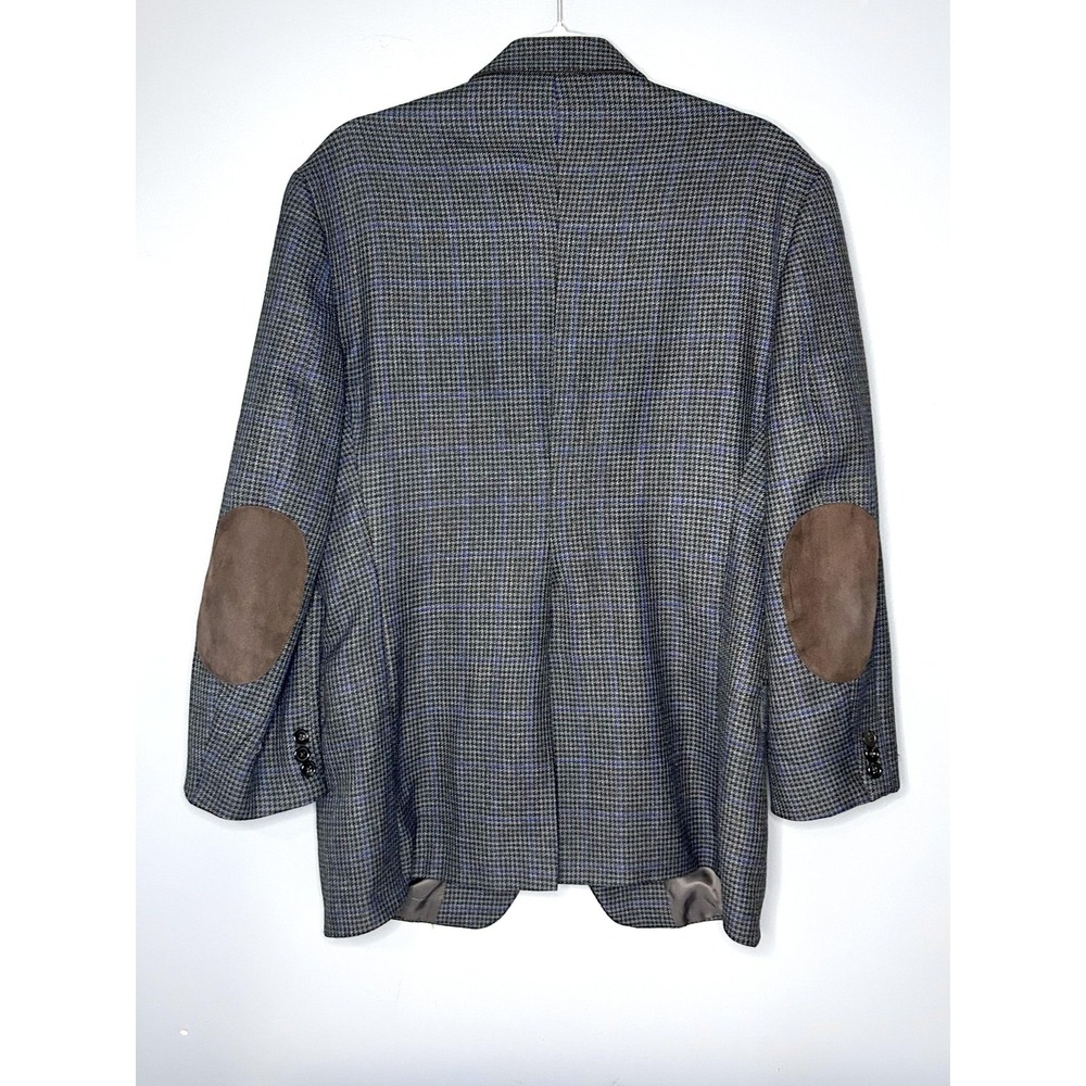 LRL Houndstooth Plaid Blazer Men 40R Gray Blue Wool Tweed Elbow Patch Sport Coat